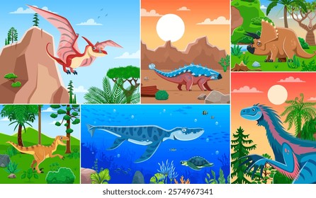 Prehistoric reptile and dinosaur characters collage showcases cartoon vector dino species like pterosaurs, marine reptiles, and terrestrial dinosaurs in their natural habitats and ancient environments