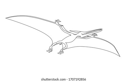 prehistoric reptile of the Jurassic period, flying pterodactyl with wings and a crest, vector illustration with black contour lines isolated on white background in cartoon and hand drawn style