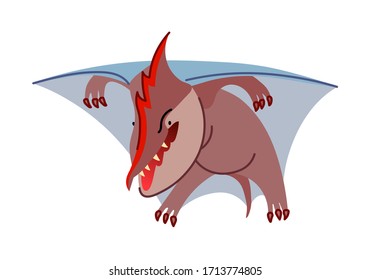 prehistoric reptile of the Jurassic period, flying purple pterodactyl with blue wings, funny character, color vector illustration isolated on white background in cartoon and hand drawn style