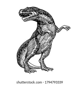 prehistoric reptile of the Jurassic period, giant carnivorous dinosaur, tyrannosaurus, raptor, vector illustration with black ink lines isolated on a white background in a hand drawn style