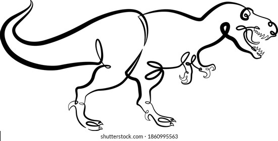 Prehistoric reptile tyrannosaurus dinosaur with open mouth. Continuous one line brush contour ink illustration isolated flat minimal drawing.