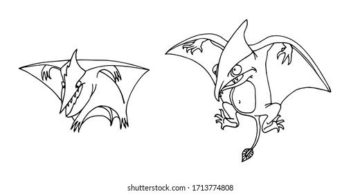 prehistoric reptiles of the Jurassic period, flying pterodactyls, funny characters, vector illustration with black contour lines isolated on white background in cartoon and hand drawn style
