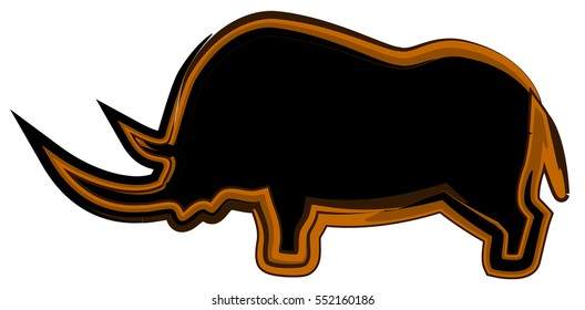 A prehistoric rhinoceros. Cave art. Cartoon. Black and orange