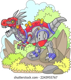 prehistoric robot dinosaur velociraptor, funny illustration