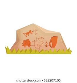 Prehistoric rock engravings, colorful vector illustration isolated