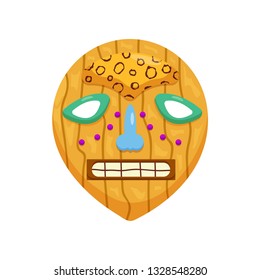 Prehistoric round african mask with toothy scary mouth and sad eyes isolated on white background