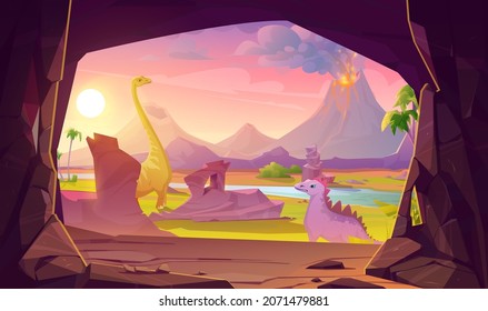 Prehistoric scene with stone cave entrance and summer landscape with dinosaurs and volcano eruption outside. Vector cartoon land with mountains with smoke and magma and ancient reptiles