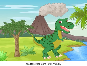 Prehistoric scene with tyrannosaurus cartoon