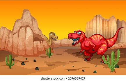 El paisaje prehistórico. Caricatura de dinosaurios de monstruo Jurásico caminando por la naturaleza. Animales de Dino en el desierto y montañas. ilustración vectorial