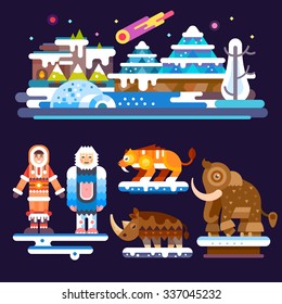 Prehistoric set. Ice Age: Yeti, Happy woman, saber-toothed tiger, woolly  rhino, mammoth, comet, snowy mountains, shiny stars. Flat vector stock illustration set.