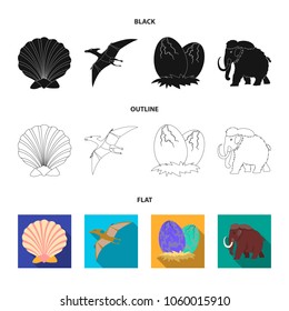 Prehistoric shell, dinosaur eggs,pterodactyl, mammoth. Dinosaur and prehistoric period set collection icons in black,flat,outline style vector symbol stock illustration web.