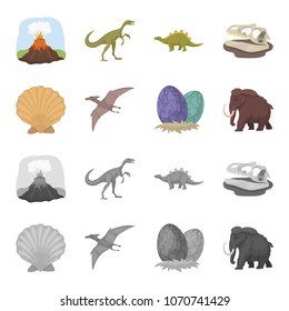 Prehistoric shell, dinosaur eggs,pterodactyl, mammoth. Dinosaur and prehistoric period set collection icons in cartoon,monochrome style vector symbol stock illustration web.