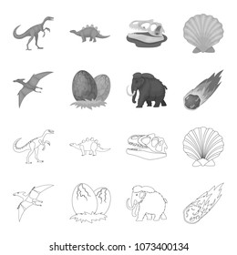 Prehistoric shell, dinosaur eggs,pterodactyl, mammoth. Dinosaur and prehistoric period set collection icons in outline,monochrome style vector symbol stock illustration web.