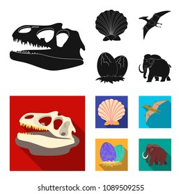 Prehistoric shell, dinosaur eggs,pterodactyl, mammoth. Dinosaur and prehistoric period set collection icons in black, flat style vector symbol stock illustration web.