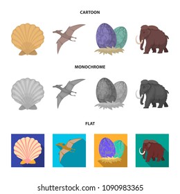 Prehistoric shell, dinosaur eggs,pterodactyl, mammoth. Dinosaur and prehistoric period set collection icons in cartoon,flat,monochrome style vector symbol stock illustration web.