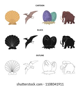 Prehistoric shell, dinosaur eggs,pterodactyl, mammoth. Dinosaur and prehistoric period set collection icons in cartoon,black,outline style vector symbol stock illustration web.