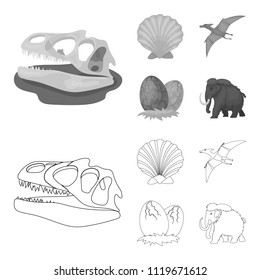 Prehistoric shell, dinosaur eggs,pterodactyl, mammoth. Dinosaur and prehistoric period set collection icons in outline,monochrome style vector symbol stock illustration web.