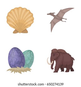 Prehistoric shell, dinosaur eggs,pterodactyl, mammoth. Dinosaur and prehistoric period set collection icons in cartoon style vector symbol stock illustration web.