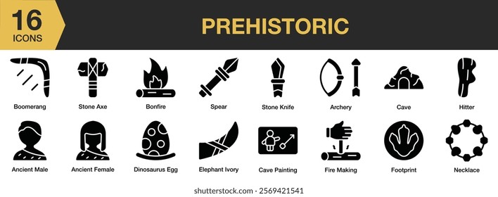 Prehistoric solid icon set. Includes Ancient, Caveman, Human, Man, Prehistoric, Primeval, Stone Age, and More. Solid icons vector collection.