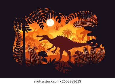 Prehistoric Spinosaurus dinosaur silhouette in jungle forest sunset, vector background. Dinosaurs silhouette in sunset landscape of Jurassic era, roaring suchomimus, hypselosaurus in night forest