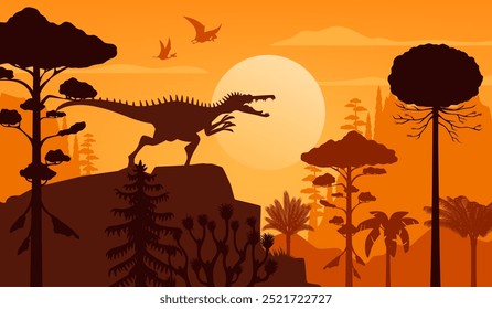 Silhueta de dinossauro Spinosaurus pré-histórico perambulando na paisagem do pôr do sol com répteis voadores e árvores antigas. Cena de crepúsculo vetorial de uma era passada com criaturas majestosas em seu ambiente antigo