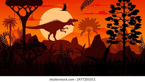 Prehistoric Spinosaurus dinosaur sunset silhouette. Vector dusk scene of roaring predatory reptile shadow at ancient, Jurassic era landscape. Majestic creature in evening jungle rainforest environment