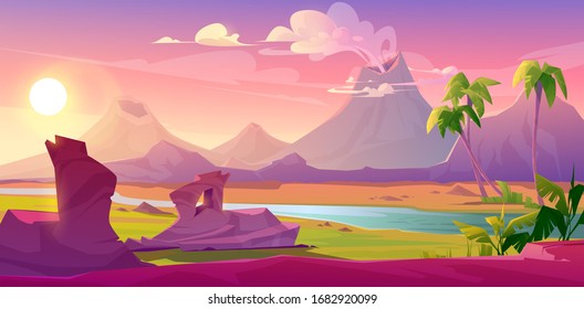 Prehistoric steaming volcanoes, cartoon volcanic background with palm trees, river and rock under pink sky with shining sun. Jurassic era of Earth evolution, tropical landscape, Vector illustration