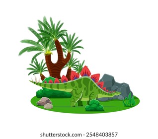 Personagem pré-histórico de desenho animado de dinossauro stegosaurus. Isolado dino vetor com fileira de placas ao longo de suas costas e cauda pontiaguda, fica perto da exuberante vegetação tropical. Herbívoro do Jurássico Superior