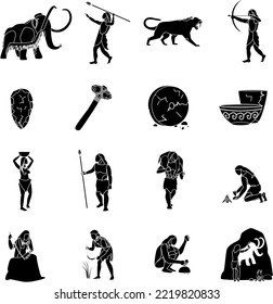 Juego de colección de iconos de vectores planos blanco y negro de la edad de piedra prehistórica