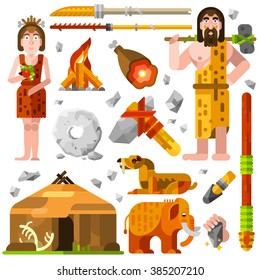 Prehistoric Stone Age Cartoon Decorative Icons With Cavemen Family Fire Hut Food And Weapon For Hunting Isolated Vector Illustration  