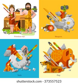 Prehistoric stone age caveman 2x2 design concept set of primitive man and woman weapons prey and ancient working tools vector illustration  