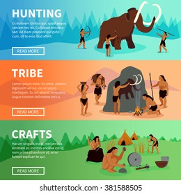 Prehistoric Stone Age Caveman Banners With Mammoth Hunting  Life Of Tribe And Primitive Crafts Flat Vector Illustration