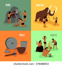 Prehistoric stone age caveman being elements tribe hunting tools and crafts flat 2x2 images set vector illustration