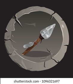 Prehistoric Stone Age isolated object inside rock button. Spear Neanderthal ethnic weapon with tribal feather. Isolated illustration for historical game. Realistic detailed glowing icon with shadows