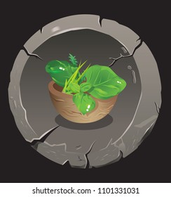 Prehistoric stone age isolated vector game icon with wooden bowl and fresh herbal. Primitive fantasy or tribal vegetarian food. Detailed art on the crushed stone circle.