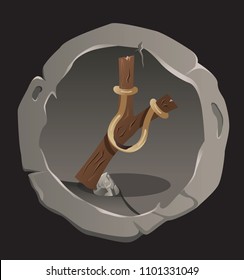 Prehistoric stone age isolated vector game icon with weapon tool. Primitive fantasy or tribal indian object for warriors. Detailed hunting or battle sling art on the crushed stone circle.