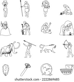 Prehistoric stone age outline flat vector icon collection set