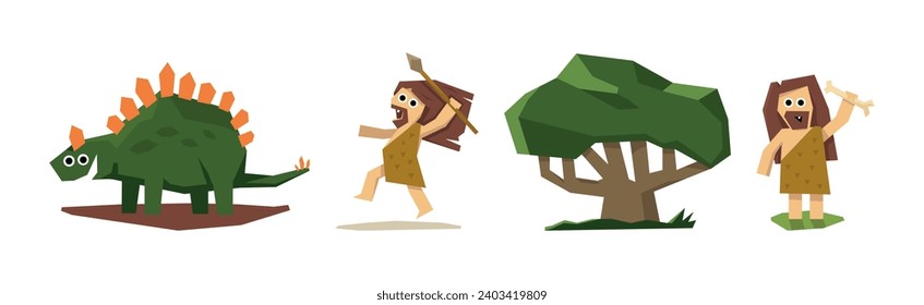 Prehistoric Stone Age People Characters and Caveman Vector Set