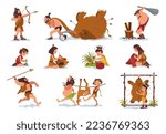 Prehistoric stone age people. Mammoth hunting. Caveman or cavewoman. Primitive human. Hunters survival. Food extraction. Primal persons make clothes from animal skin