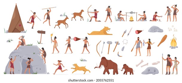 Prehistoric Stone Age People, Tools And Ancient Wild Animals Vector Illustration Set. Cartoon Caveman Hunter Characters Of Primal Tribe Hunt With Weapon, Cook Food On Fire Isolated On White