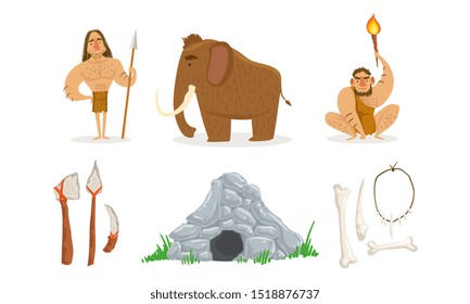 Prehistoric Stone Age Set, Primitive People, Mammoth, Weapon, Stone Cave Vector Illustration