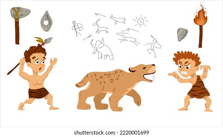 Prehistoric stone age set, primitive people, stone age weapon and tools vector Illustrations. Stone age people. Cartoon Character 
Ancient people hunted smilodons. Saber-toothed lion attacked people. 