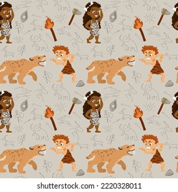 Prehistoric stone age set, primitive people, stone age weapon and tools vector Illustrations. Stone age people. Cartoon Character. Seamless pattern for children. Ancient people hunted smilodons. 