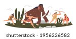 Prehistoric stone age tribe attack mammoth. Cavemen hunters with spears and axes hunting for huge animal together. Cartoon hunter fight. Flat vector illustration