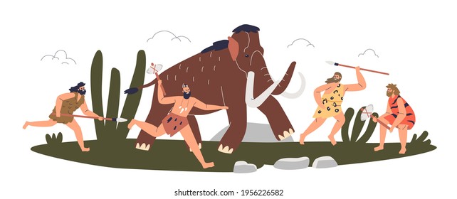 Prehistoric Stone Age Tribe Attack Mammoth. Cavemen Hunters With Spears And Axes Hunting For Huge Animal Together. Cartoon Hunter Fight. Flat Vector Illustration