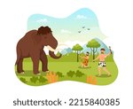 Prehistoric Stone Age Tribes Hunting Large Animals with Weapon in Flat Cartoon Hand Drawing Template Illustration