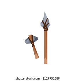 Prehistoric stone axe and spear, Stone age symbols, weapon of caveman vector Illustration on a white background