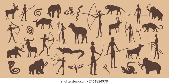 Prehistoric stone drawing, cave painting. Vector ancient primitive caveman sketches, petroglyph symbols of human hunters with spears and bows, animals, snakes or birds. ornaments on rock cave wall