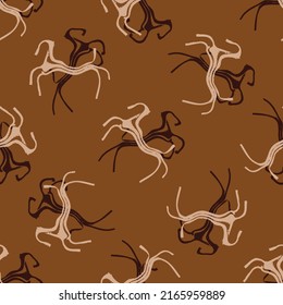 Prehistoric style horse cave art vector seamless pattern background. Primitive naive grunge overlapping brush stroke horses ochre brown. Grunge equine animals repeat. For museum, education, packaging