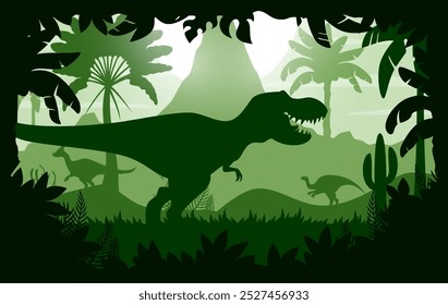 Prehistoric T Rex tyrannosaurus dinosaurio silueta en la selva forestal, fondo de dibujos animados de Vector. Dinosaurio gigante prehistórico del lagarto T-rex del Jurásico en el bosque con la silueta de la montaña del volcán y de las palmas